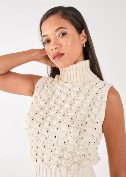 Pink Vanilla Ivory Knitted High Neck Threaded Sleeveless Top