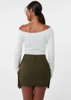 Pink Vanilla Ivory Off Shoulder Crop Knit Top