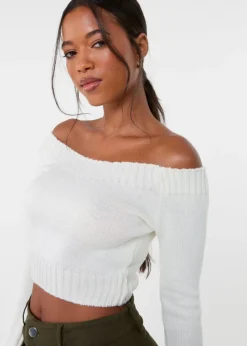 Pink Vanilla Ivory Off Shoulder Crop Knit Top