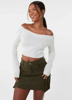 Pink Vanilla Ivory Off Shoulder Crop Knit Top