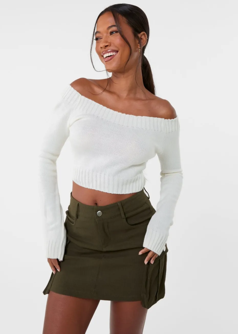Pink Vanilla Ivory Off Shoulder Crop Knit Top