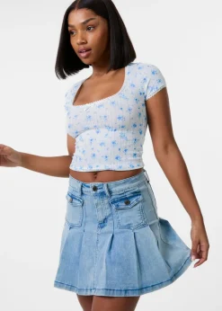 Pink Vanilla Ivory Pointelle Ditsy Print Crop Top