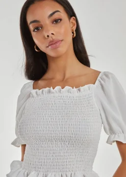 Pink Vanilla Ivory Puff Sleeve Square Neck Shirred Top