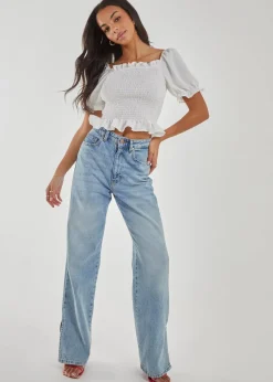 Pink Vanilla Ivory Puff Sleeve Square Neck Shirred Top