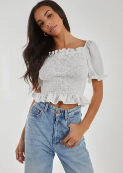 Pink Vanilla Ivory Puff Sleeve Square Neck Shirred Top