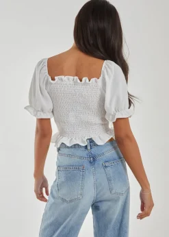 Pink Vanilla Ivory Puff Sleeve Square Neck Shirred Top