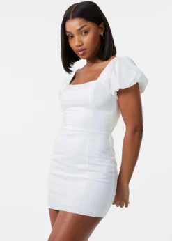 Pink Vanilla Ivory Puff Sleeve Open-Back Mini Dress With Shorts