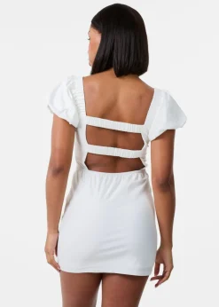 Pink Vanilla Ivory Puff Sleeve Open-Back Mini Dress With Shorts
