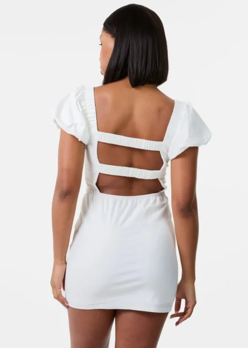 Pink Vanilla Ivory Puff Sleeve Open-Back Mini Dress With Shorts