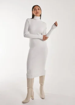 Pink Vanilla Ivory Ribbed Roll Neck Midi Dress