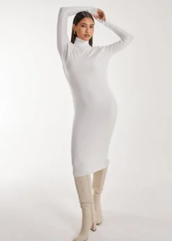 Pink Vanilla Ivory Ribbed Roll Neck Midi Dress
