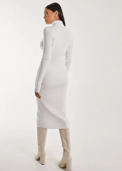 Pink Vanilla Ivory Ribbed Roll Neck Midi Dress