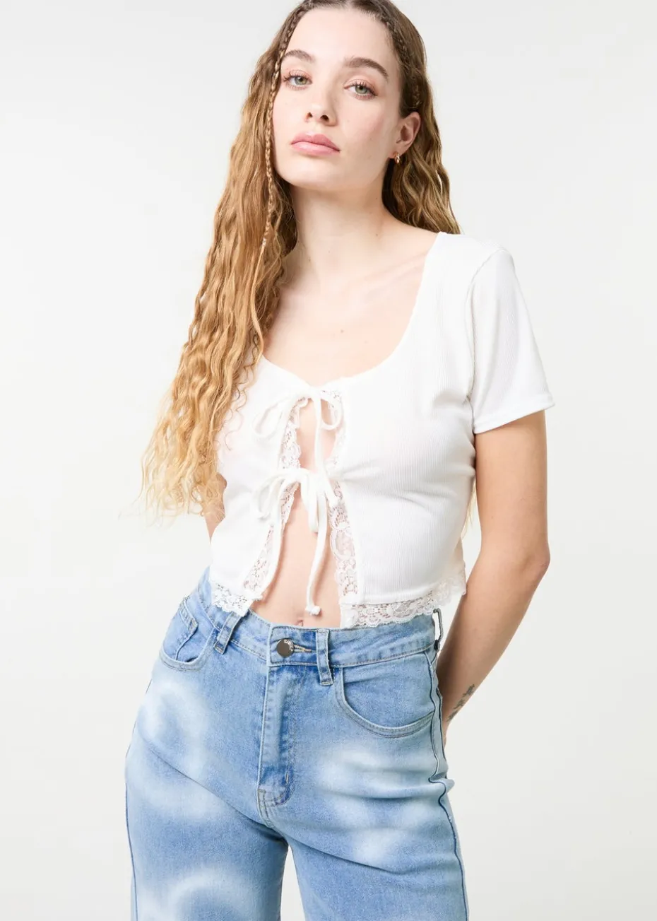 Pink Vanilla Ivory Ribbed Lace Tie Front Top