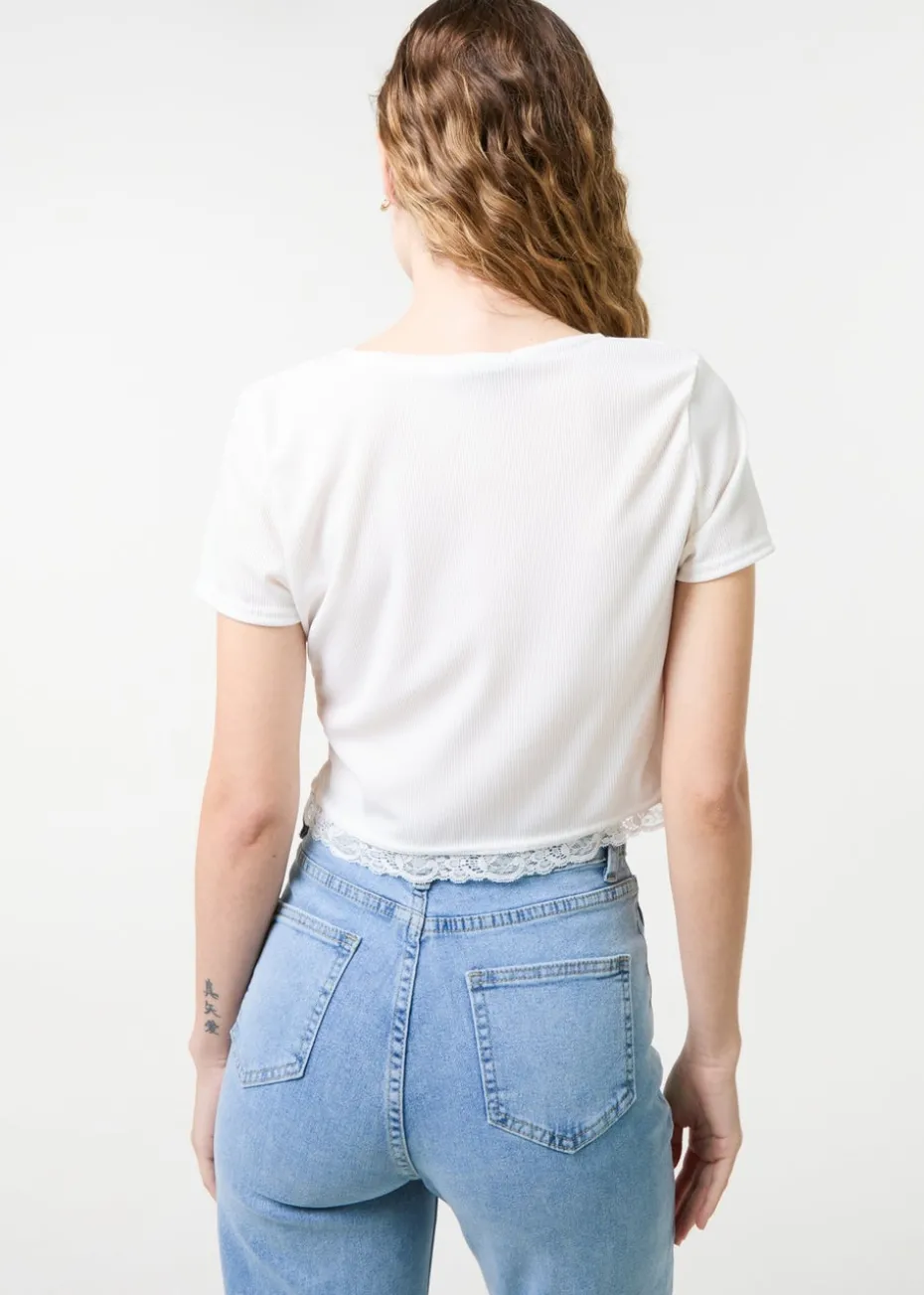 Pink Vanilla Ivory Ribbed Lace Tie Front Top