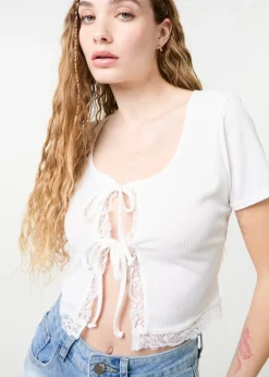 Pink Vanilla Ivory Ribbed Lace Tie Front Top