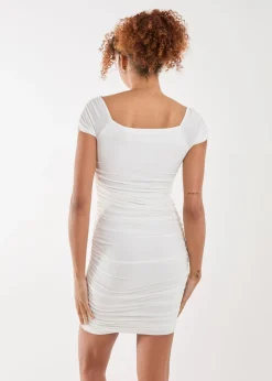 Pink Vanilla Ivory Ruched Bardot Mini Dress