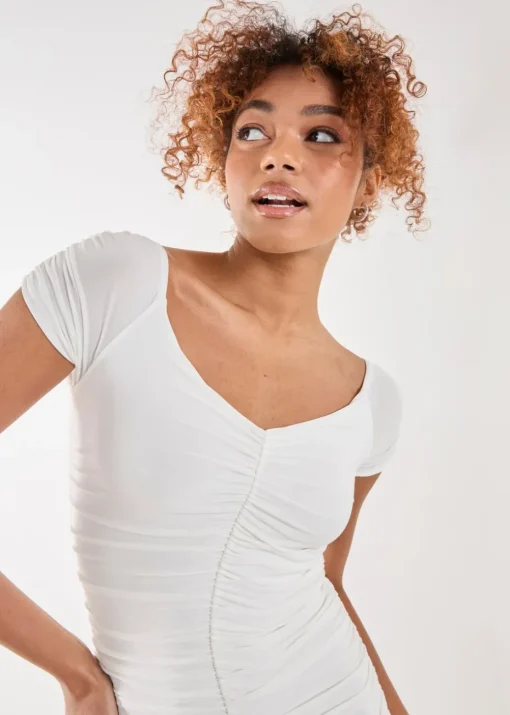 Pink Vanilla Ivory Ruched Bardot Mini Dress