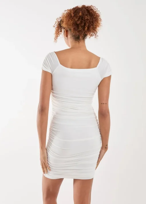 Pink Vanilla Ivory Ruched Bardot Mini Dress