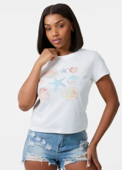 Pink Vanilla Ivory Shell Embellished T-Shirt