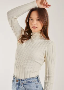 Pink Vanilla Ivory Soft Knit Wide Rib Roll Neck Top