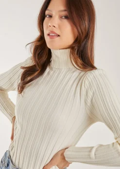 Pink Vanilla Ivory Soft Knit Wide Rib Roll Neck Top