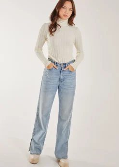 Pink Vanilla Ivory Soft Knit Wide Rib Roll Neck Top