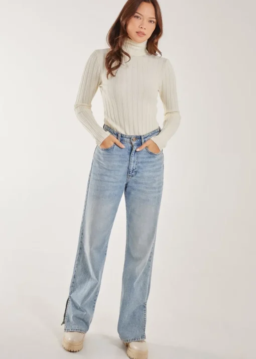Pink Vanilla Ivory Soft Knit Wide Rib Roll Neck Top