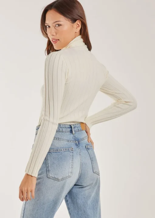 Pink Vanilla Ivory Soft Knit Wide Rib Roll Neck Top