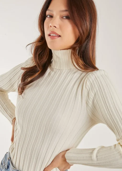 Pink Vanilla Ivory Soft Knit Wide Rib Roll Neck Top
