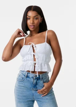 Pink Vanilla Ivory Tie Front Broderie Cami Top