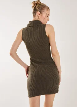 Pink Vanilla Khaki Brushed Sleeveless Polo Neck Mini Dress