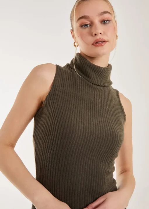 Pink Vanilla Khaki Brushed Sleeveless Polo Neck Mini Dress