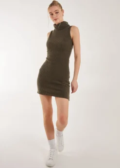 Pink Vanilla Khaki Brushed Sleeveless Polo Neck Mini Dress