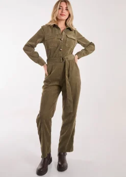 Pink Vanilla Khaki Corduroy Collar Long Sleeve Button Boilersuit