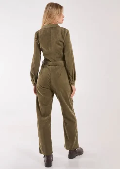 Pink Vanilla Khaki Corduroy Collar Long Sleeve Button Boilersuit