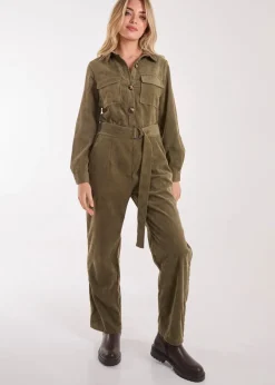 Pink Vanilla Khaki Corduroy Collar Long Sleeve Button Boilersuit