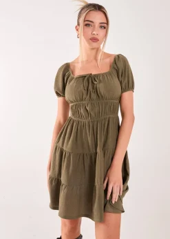 Pink Vanilla Khaki Crinkle Puff Sleeve Tiered Mini Dress