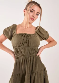 Pink Vanilla Khaki Crinkle Puff Sleeve Tiered Mini Dress