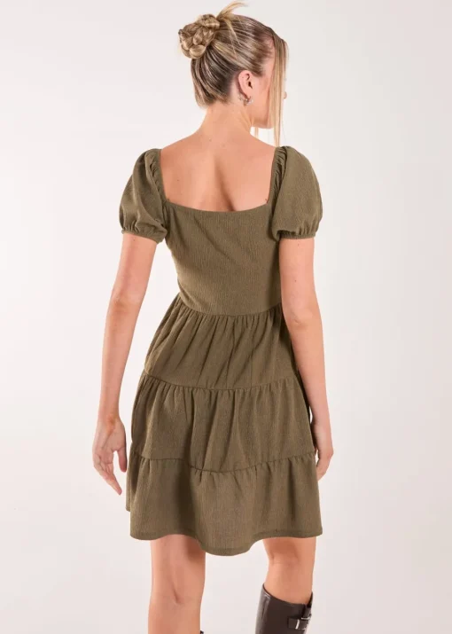 Pink Vanilla Khaki Crinkle Puff Sleeve Tiered Mini Dress