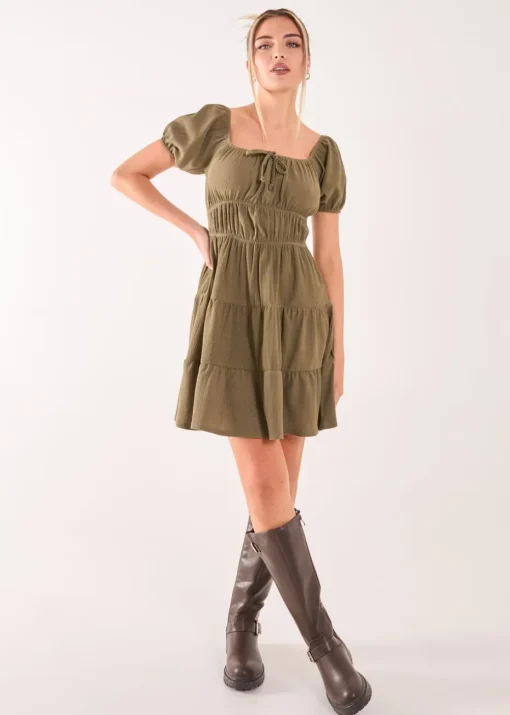 Pink Vanilla Khaki Crinkle Puff Sleeve Tiered Mini Dress