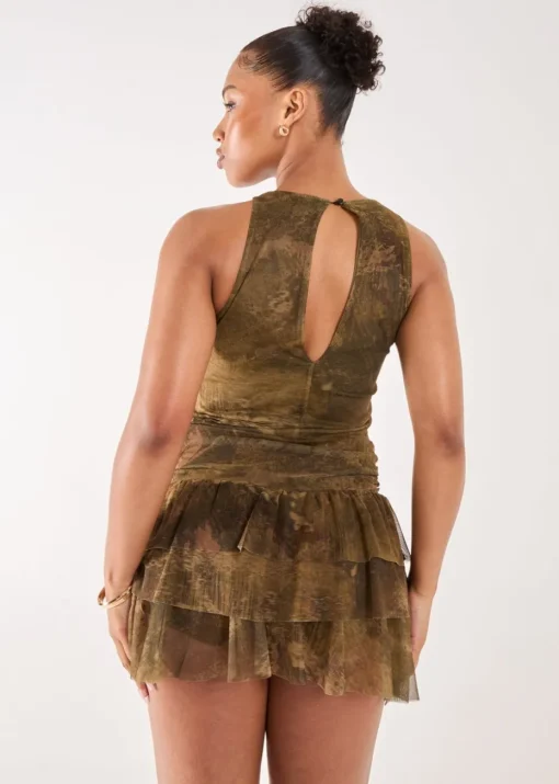 Pink Vanilla Khaki Distressed Print Ruffle Playsuit