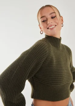 Pink Vanilla Khaki High Neck Knitted Jumper