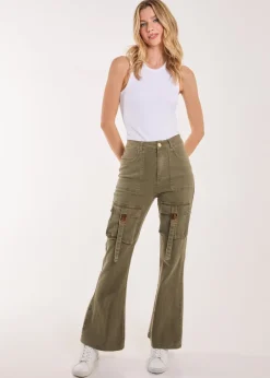 Pink Vanilla Khaki High Waist Utility Pocket Flare Jeans