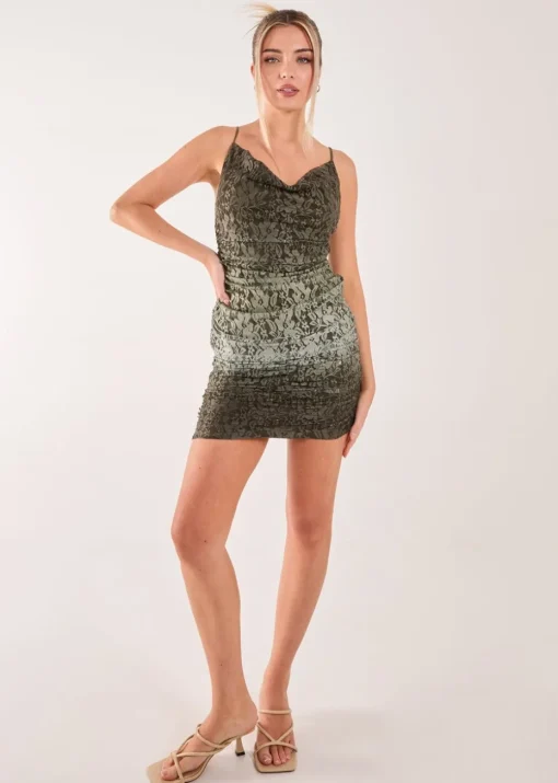 Pink Vanilla Khaki Lace Cowl Ombre Mini Dress
