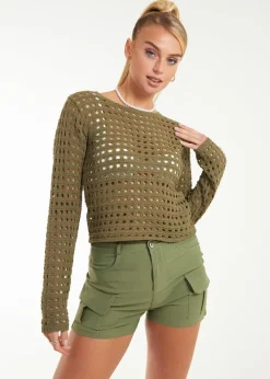 Pink Vanilla Khaki Long Sleeve Crochet Top