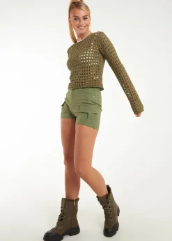 Pink Vanilla Khaki Long Sleeve Crochet Top