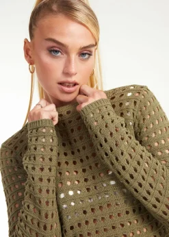 Pink Vanilla Khaki Long Sleeve Crochet Top