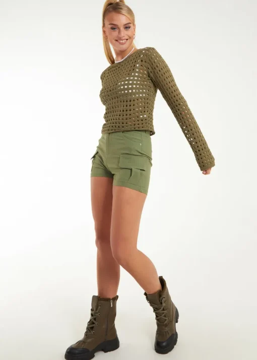 Pink Vanilla Khaki Long Sleeve Crochet Top