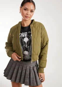 Pink Vanilla Khaki Textured Puffer Bomber Jacket