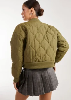 Pink Vanilla Khaki Textured Puffer Bomber Jacket